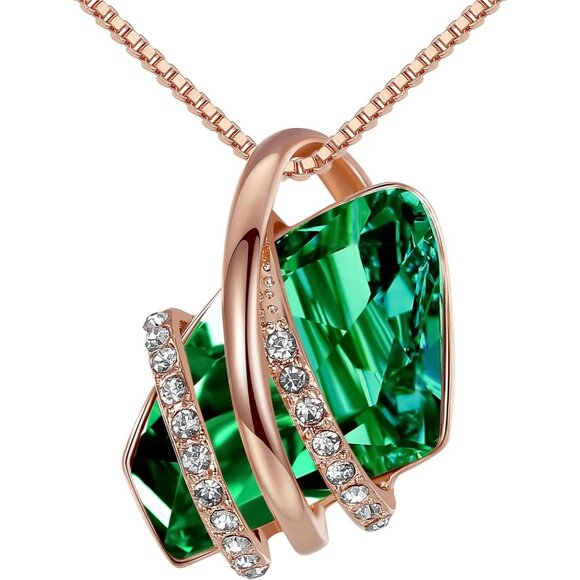 Jewelry - Women Gold Green Crystal Wish Stone Pendant Necklace with Birthstone